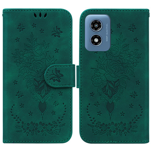 Moto G Play 2024 Butterfly Rose Embossed Leather Phone Case - Green